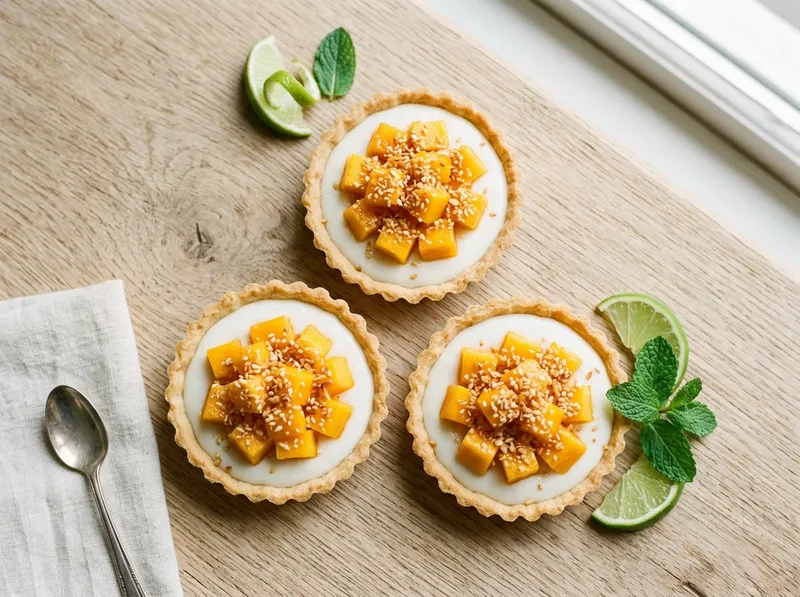 Asiatische Mango-Kokos-Törtchen mit Limetten-Sesam-Crunch