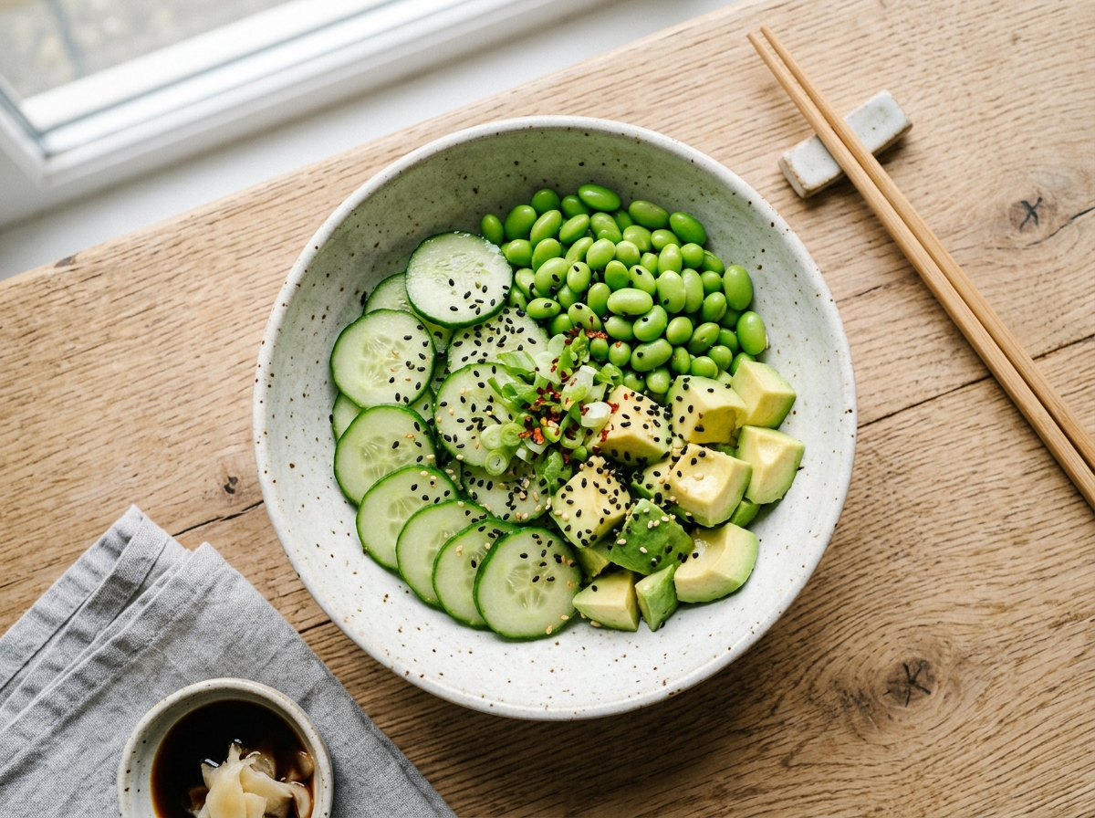 Asiatischer Gurken-Avocado-Bowl mit Wasabi-Dressing
