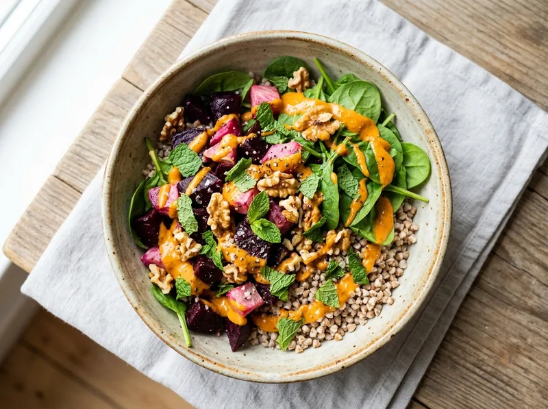 Bunter Buchweizen-Bowl mit Rote-Bete und Orangen-Tahini