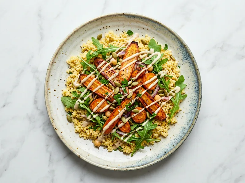 Bunter Hirsesalat mit gerösteten Karotten und Zitrus-Tahini-Dressing