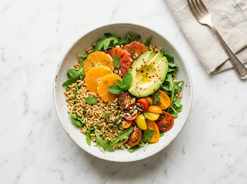 Bunter Kamut-Bowl mit Rucola und Orangen-Minz-Dressing