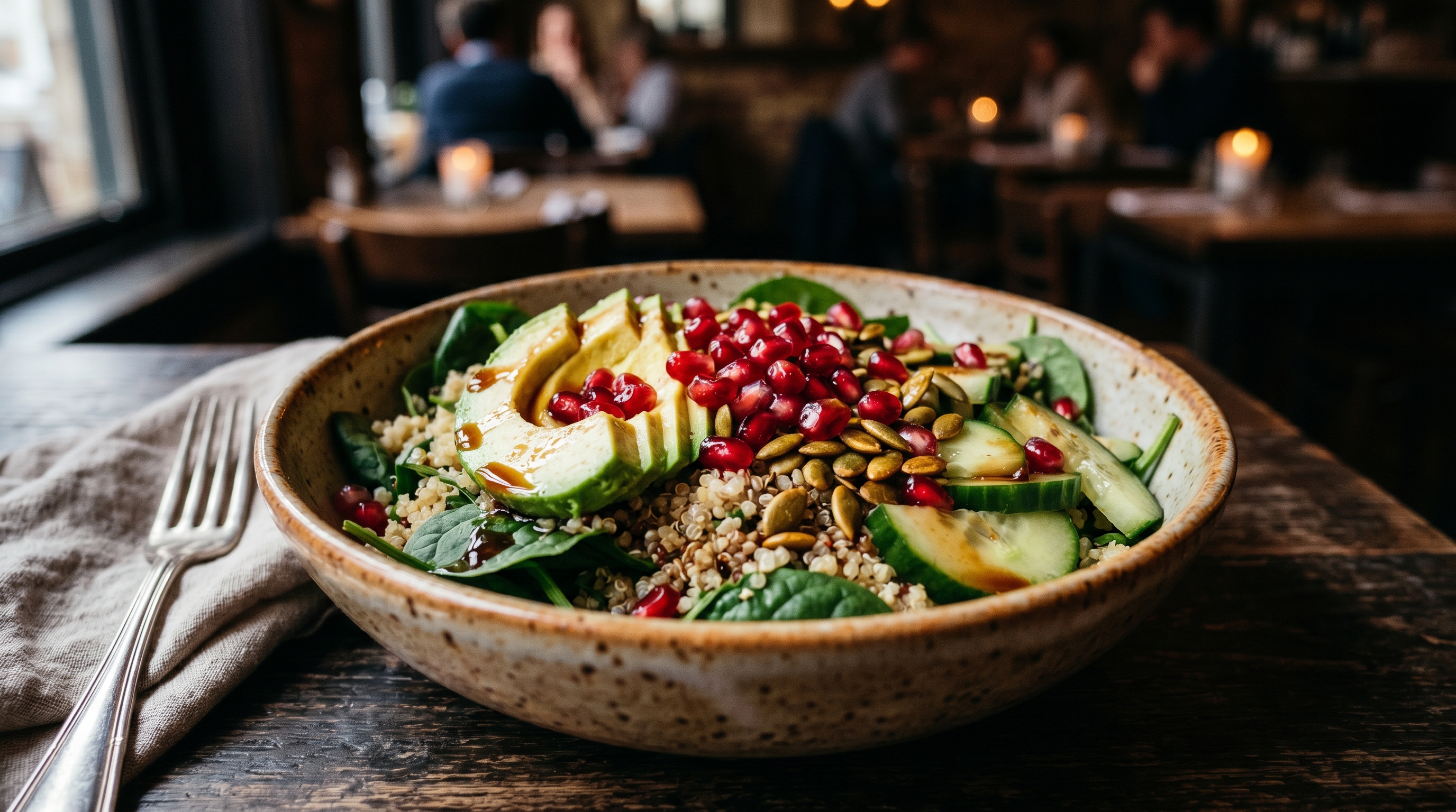 Bunter Quinoa-Bowl mit Avocado und Granatapfel-Dressing