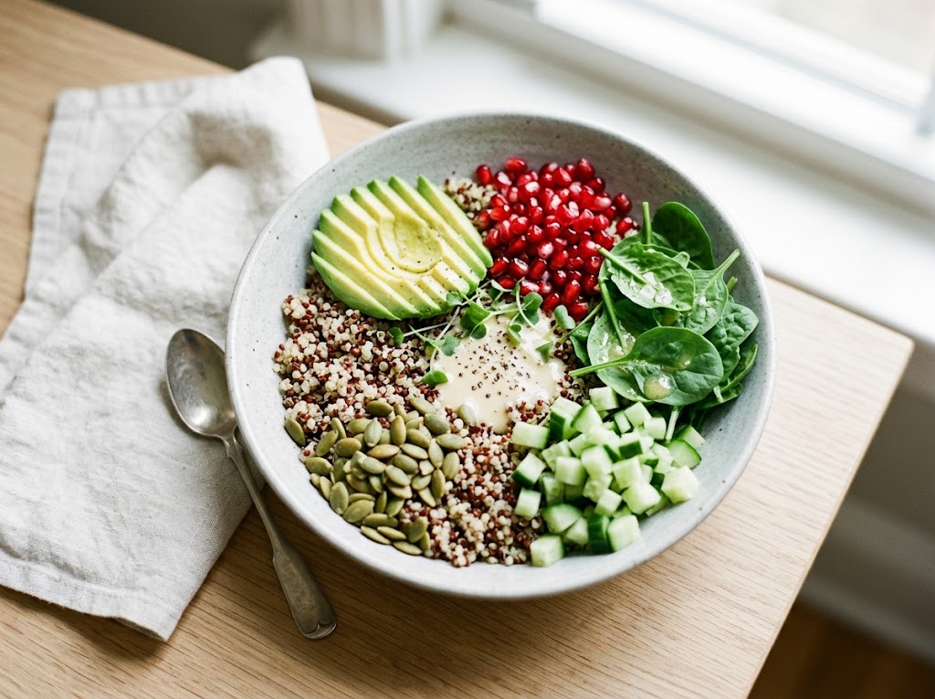 Bunter Quinoa-Bowl mit Avocado und Granatapfel-Dressing