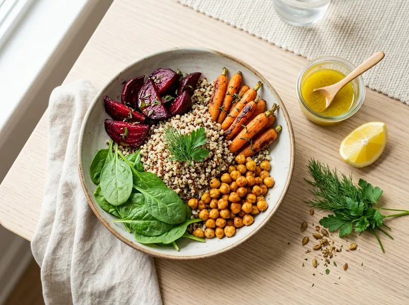 Bunter Regenbogen-Quinoa-Bowl mit geröstetem Gemüse und Zitrus-Kräuter-Vinaigrette
