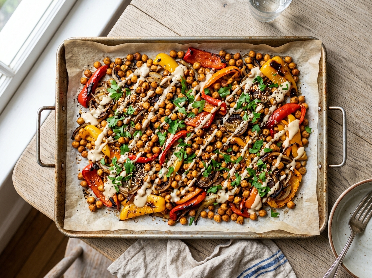 Buntes Ofenblech mit Kichererbsen, Paprika und Tahini-Zitronen-Glasur