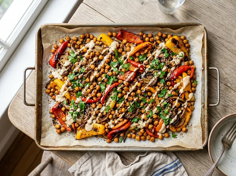 Buntes Ofenblech mit Kichererbsen, Paprika und Tahini-Zitronen-Glasur