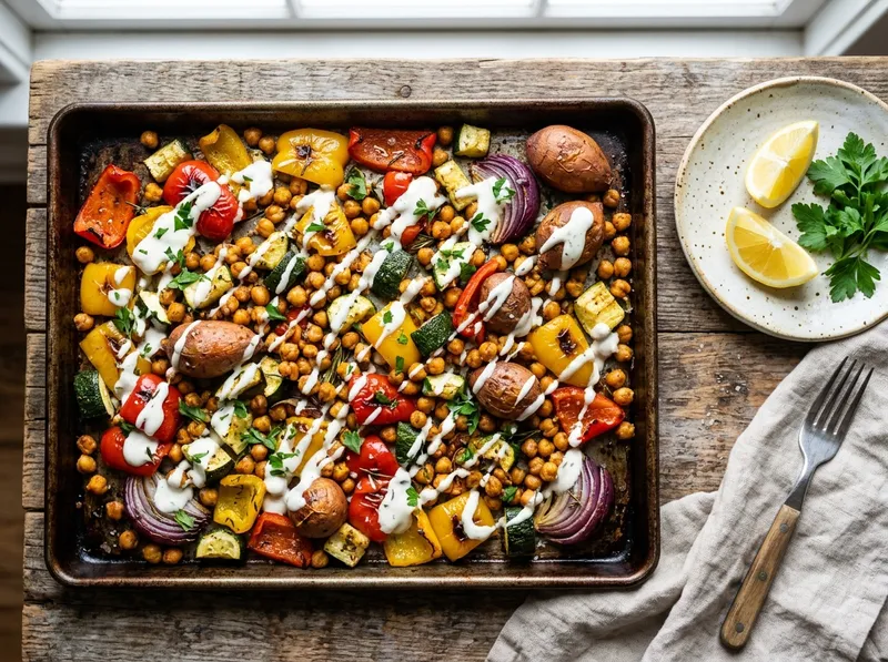 Buntes Ofenblech mit Kichererbsen, Paprika und Zitronen-Kräuter-Joghurt