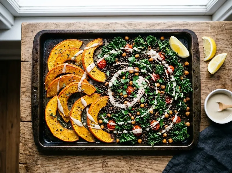Buntes Ofenblech mit Linsen, Kürbis und Tahini-Zitronen-Drizzle