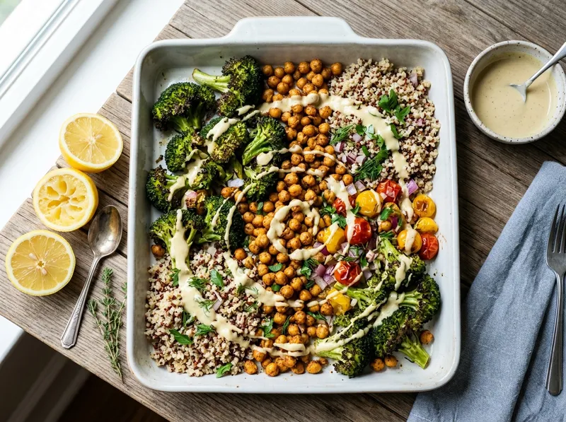 Buntes Ofenblech mit Quinoa, Brokkoli und Zitrus-Tahini-Glasur