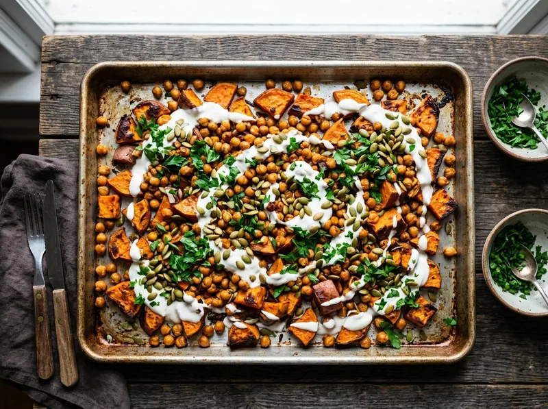 Buntes Ofenblech mit Süßkartoffeln, Kichererbsen und Zitrus-Kräuter-Joghurt