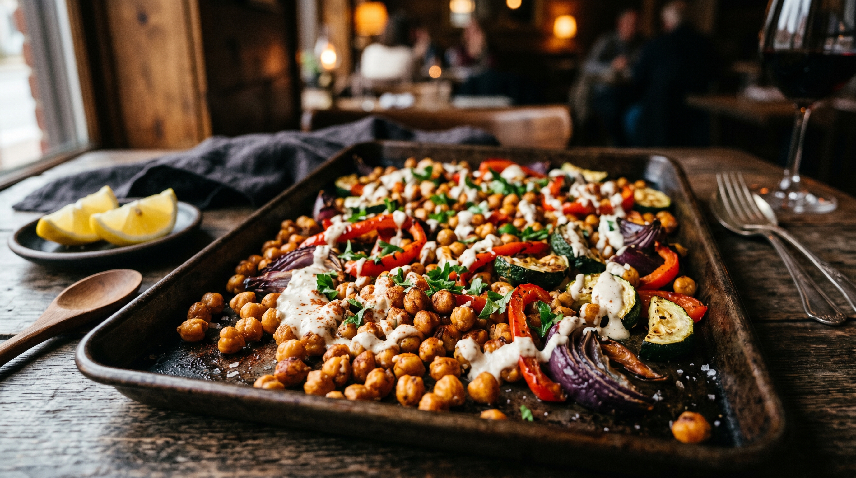 Buntes Ofengemüse-Blech mit Kichererbsen und Zitronen-Tahini