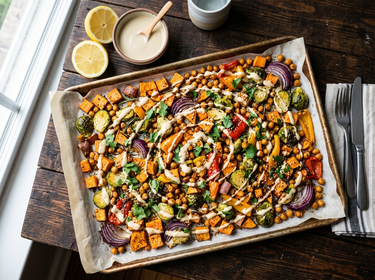 Buntes Ofengemüse-Blech mit Kichererbsen und Zitronen-Tahini