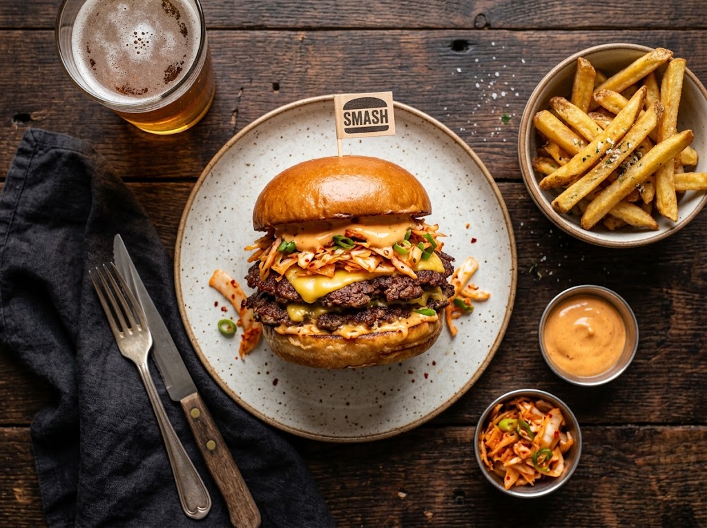 Gochujang-Mayo Smash Burger mit Gurken-Kimchi Slaw