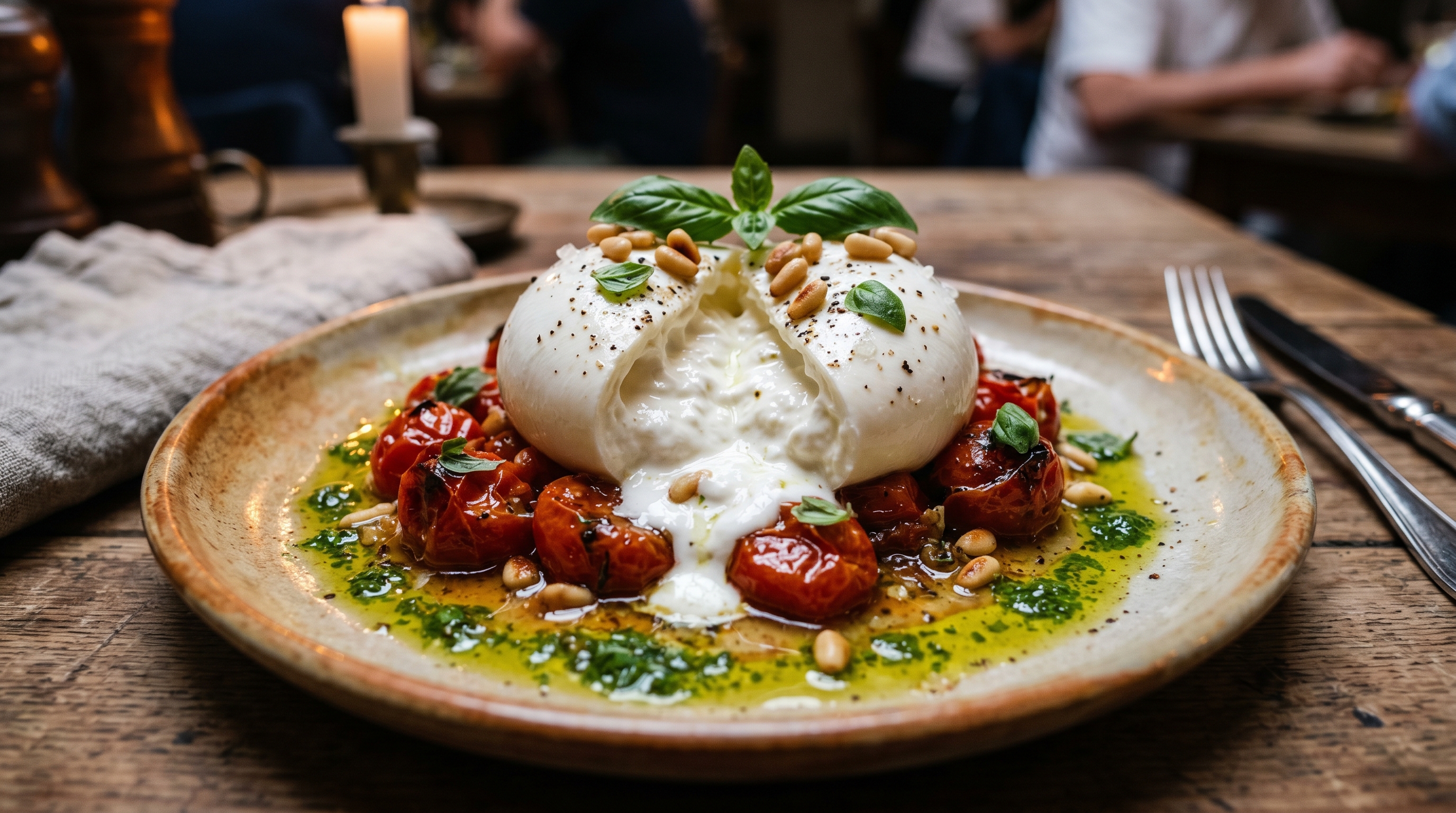 Cremige Burrata mit gerösteten Kirschtomaten und Basilikum-Öl
