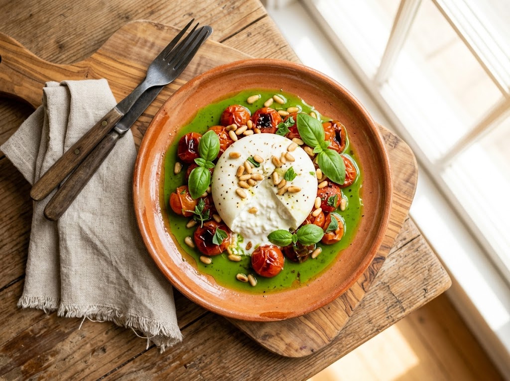 Cremige Burrata mit gerösteten Kirschtomaten und Basilikum-Öl