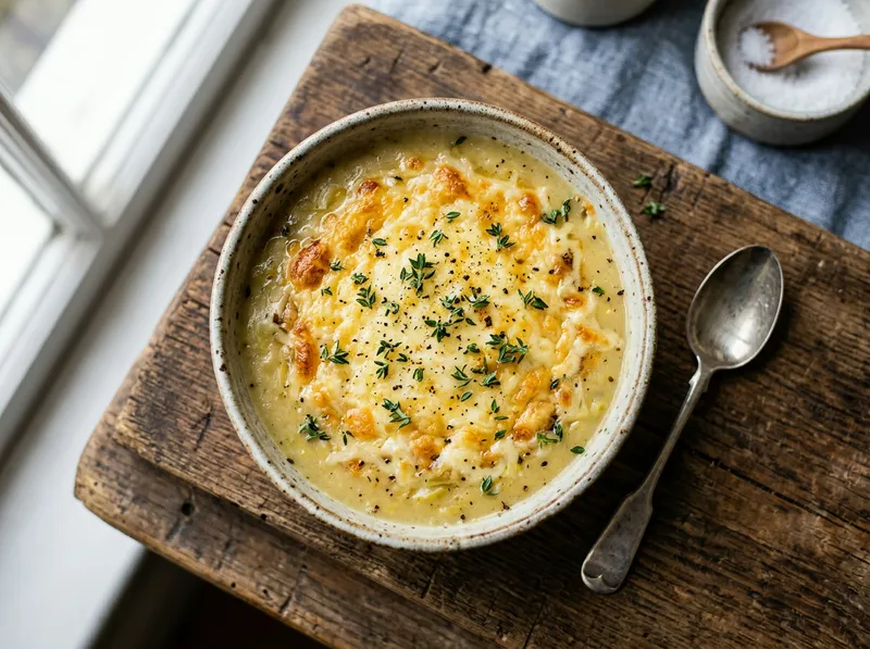 Cremige Kartoffel-Lauch-Suppe mit Thymian und Käsekruste