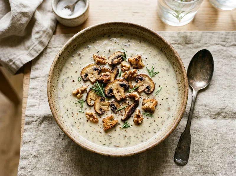Cremige Kartoffel-Pilz-Suppe mit Rosmarin und Walnuss-Croutons