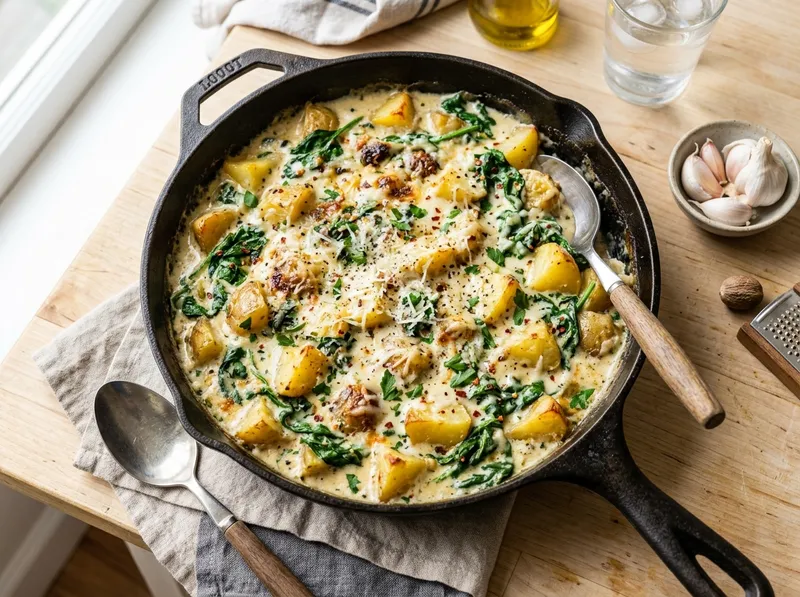 Cremige Kartoffel-Spinat-Pfanne mit Knoblauch und Muskatnuss