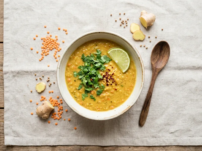 Cremige Kokos-Linsen-Suppe mit Ingwer und frischem Koriander