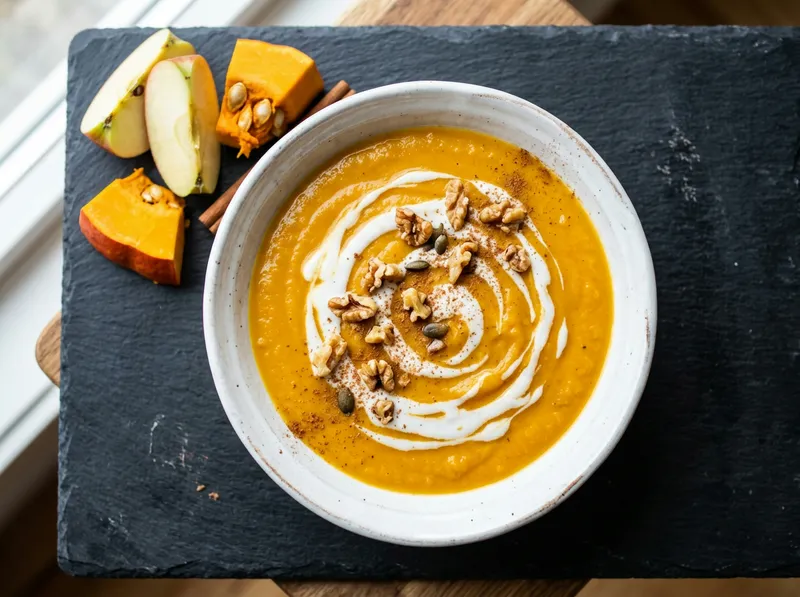 Cremige Kürbis-Apfel-Suppe mit Zimt und gerösteten Walnüssen