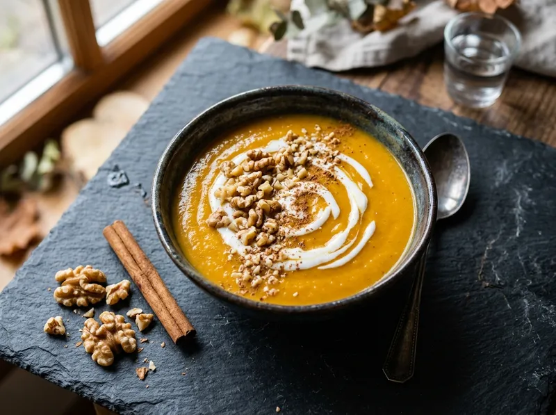 Cremige Kürbis-Apfel-Suppe mit Zimt und gerösteten Walnüssen