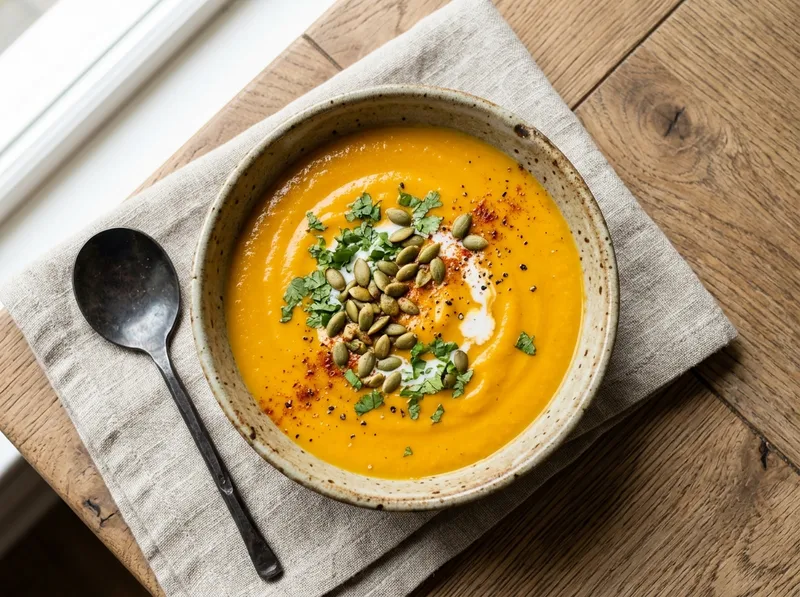 Cremige Kürbis-Kokos-Suppe mit Ingwer und gerösteten Kürbiskernen