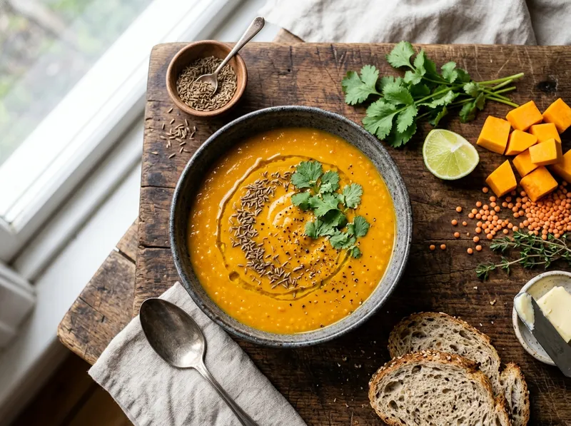 Cremige Linsen-Kürbis-Suppe mit Kokosmilch und geröstetem Kreuzkümmel