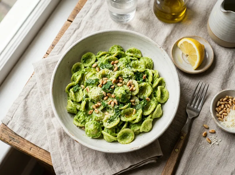 Cremige Orecchiette mit Erbsen-Minz-Pesto und Zitrone