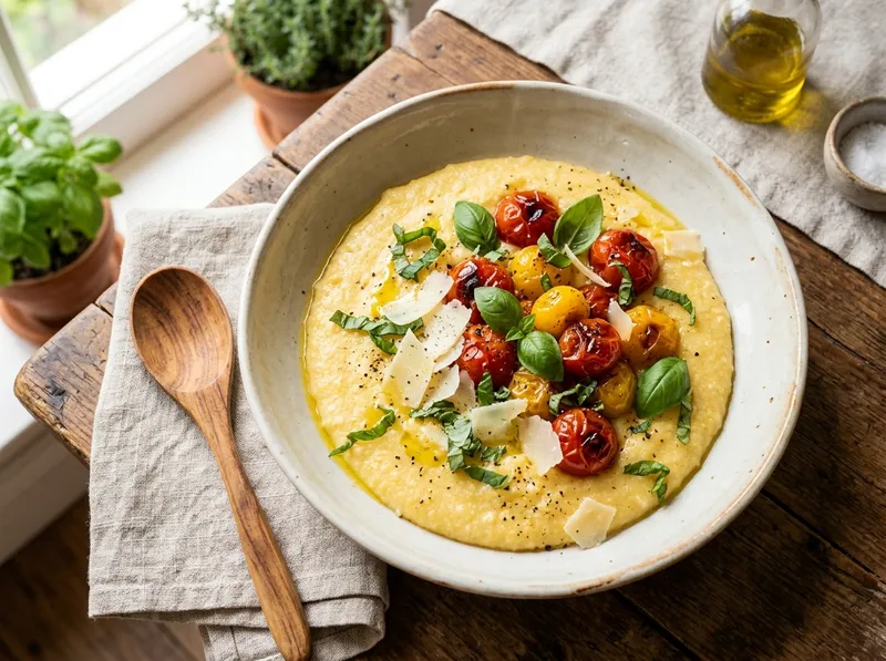 Cremige Polenta mit geschmorten Tomaten und frischem Basilikum