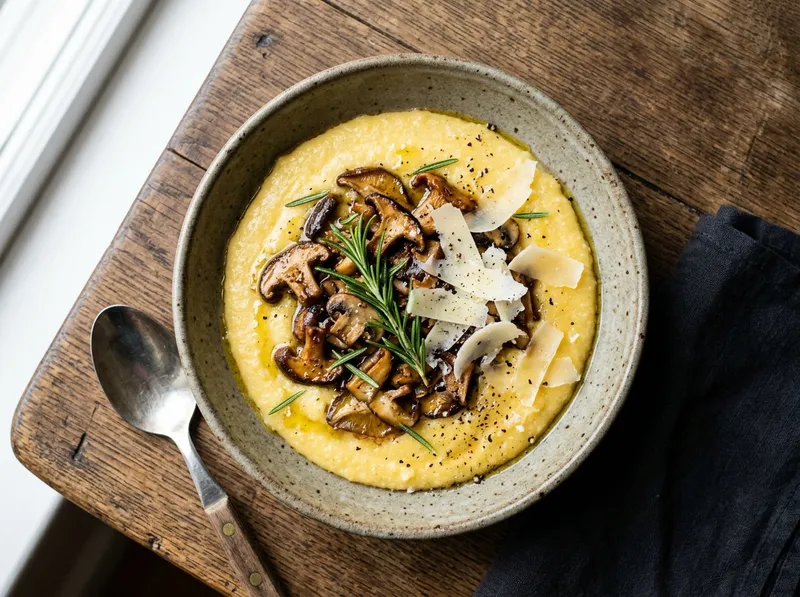 Cremige Polenta mit Parmigiano und geschmorten Pilzen