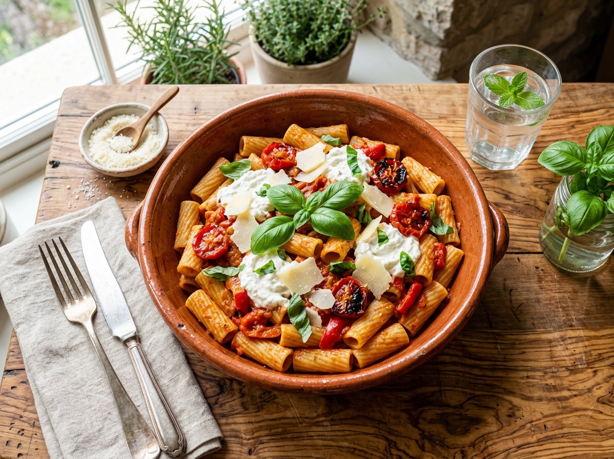 Cremige Rigatoni mit gerösteten Paprika und frischem Basilikum