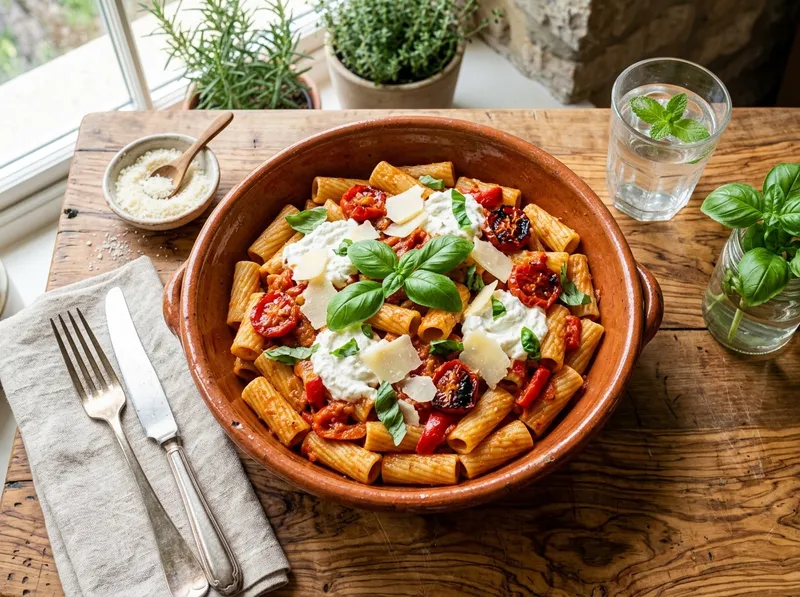 Cremige Rigatoni mit gerösteten Paprika und frischem Basilikum
