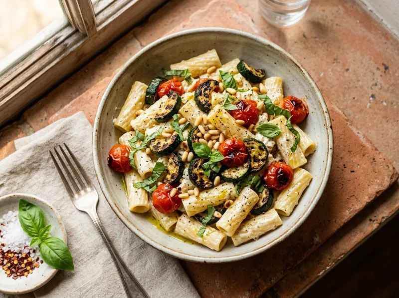 Cremige Rigatoni mit Zitronenricotta und geröstetem Gemüse