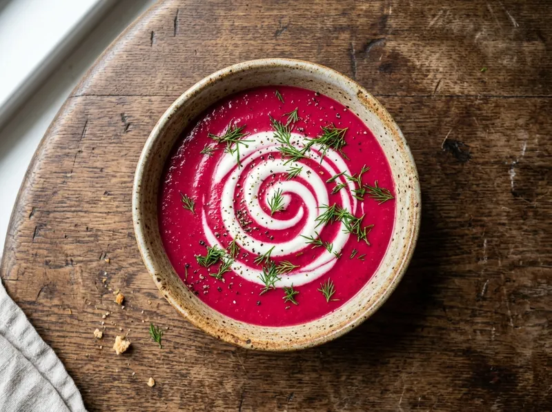 Cremige Rote-Bete-Linsen-Suppe mit Meerrettich-Crème-fraîche