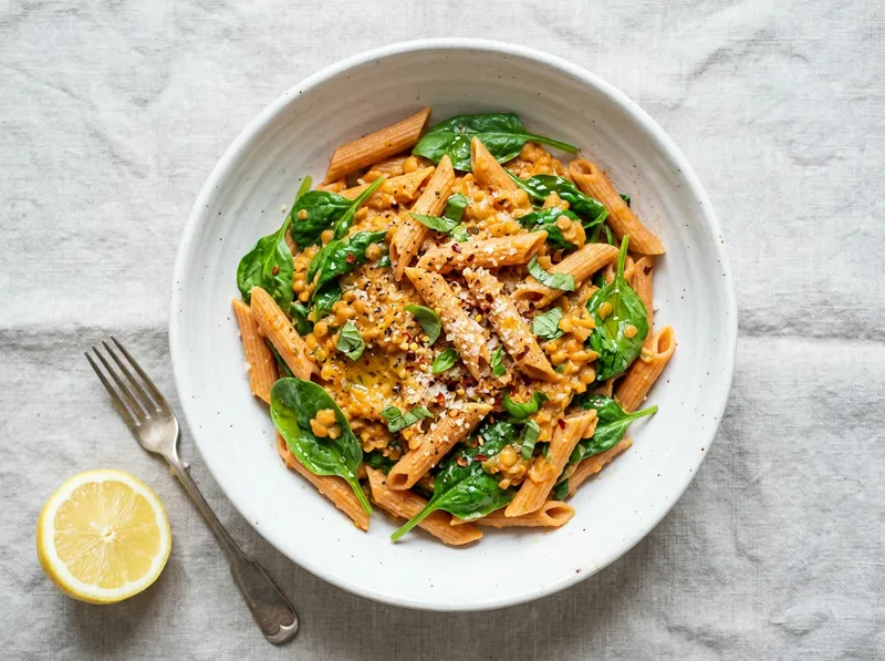 Cremige Rote-Linsen-Pasta mit Zitrone und Spinat