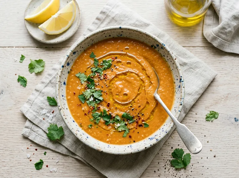 Cremige Rote-Linsen-Suppe mit geröstetem Kreuzkümmel und Zitrone