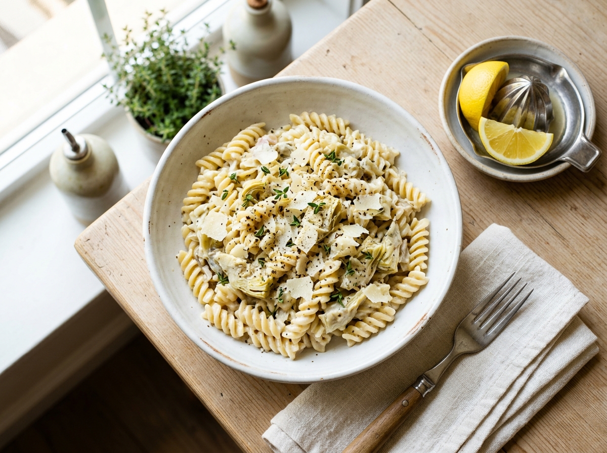 Cremige Zitronen-Artischocken-Pasta mit frischem Thymian