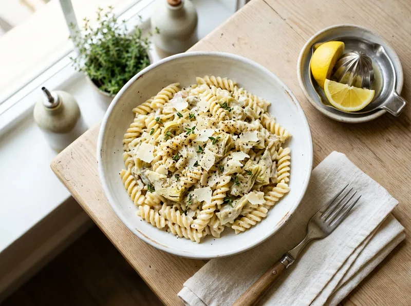 Cremige Zitronen-Artischocken-Pasta mit frischem Thymian