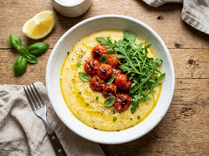 Cremige Zitronenpolenta mit geschmorten Kirschtomaten und Rucola