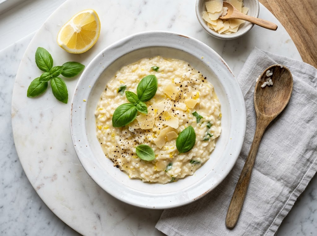 Cremige Zitronenrisotto mit frischem Basilikum und Parmesan