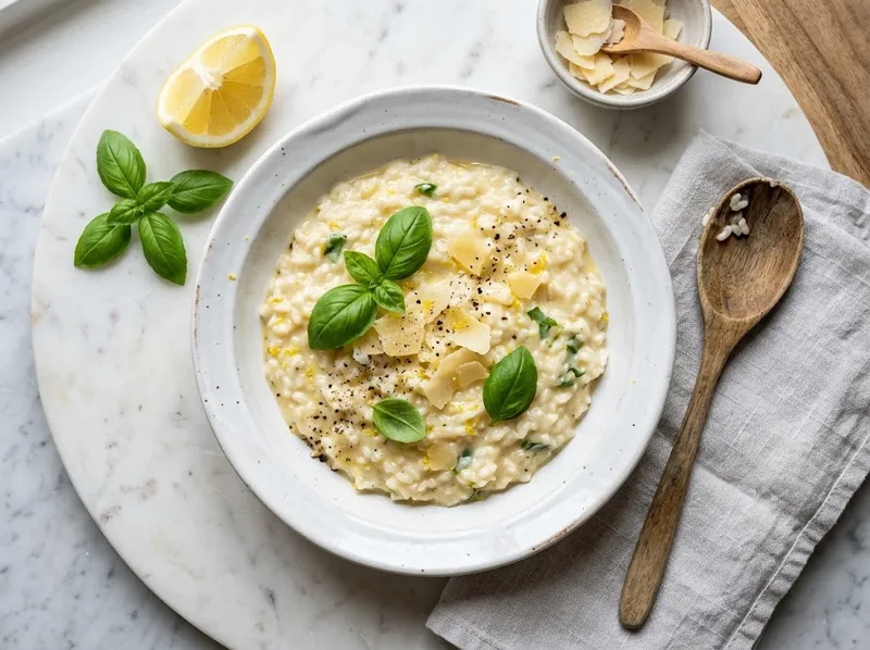 Cremige Zitronenrisotto mit frischem Basilikum und Parmesan