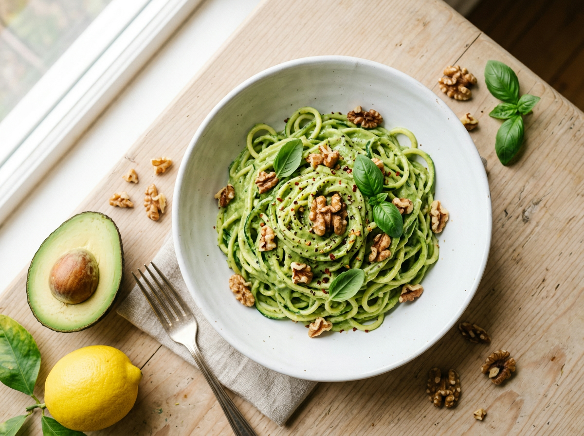 Cremiger Avocado-Zucchini-Spaghetti mit Walnuss-Crunch