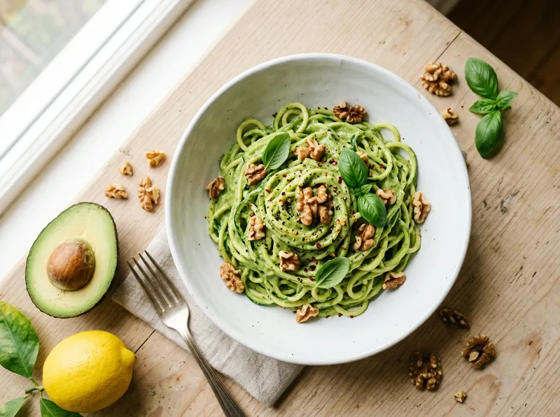 Cremiger Avocado-Zucchini-Spaghetti mit Walnuss-Crunch
