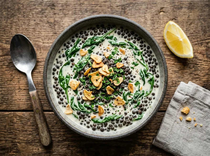 Cremiger Beluga-Linsen-Eintopf mit Kokosmilch und geröstetem Knoblauch