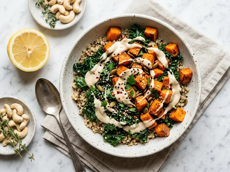 Cremiger Cashew-Grünkohl-Bowl mit Süßkartoffel und Zitrone