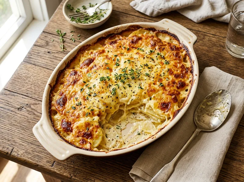 Cremiger Kartoffel-Käse-Auflauf mit Knoblauch und Thymian