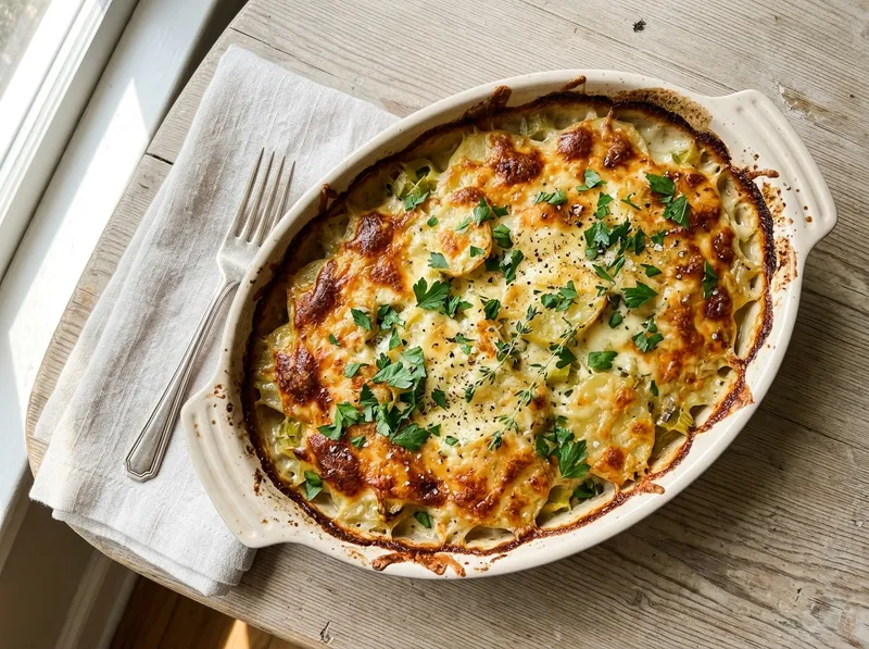 Cremiger Kartoffel-Lauch-Gratin mit knuspriger Käsekruste