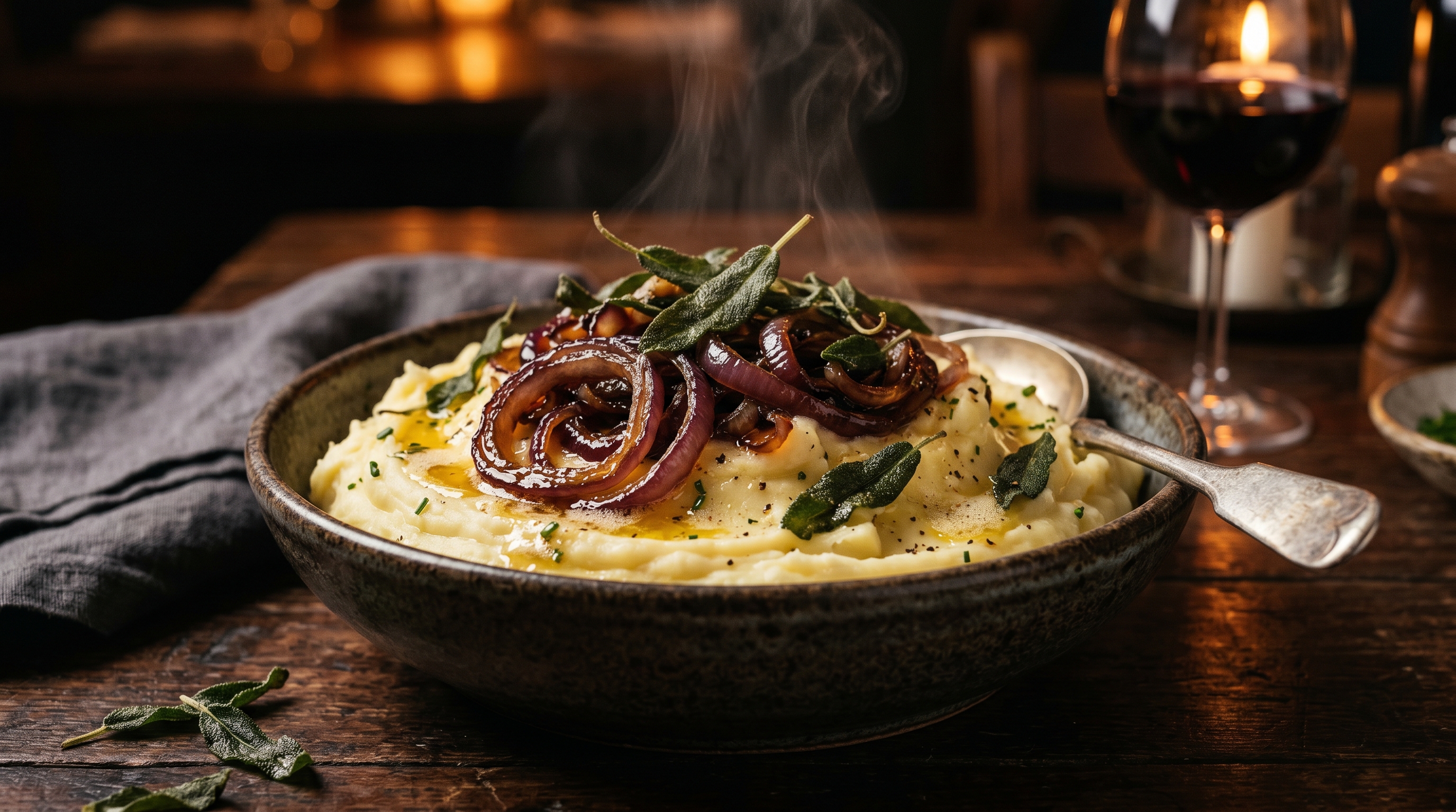 Cremiger Kartoffelstampf mit geschmorten Zwiebeln und Salbei