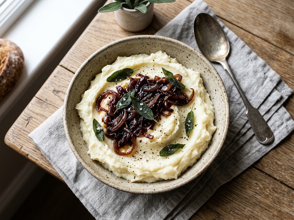 Cremiger Kartoffelstampf mit geschmorten Zwiebeln und Salbei