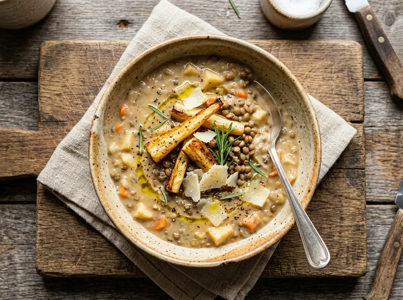 Cremiger Pastinaken-Linsen-Eintopf mit Rosmarin und Parmesan